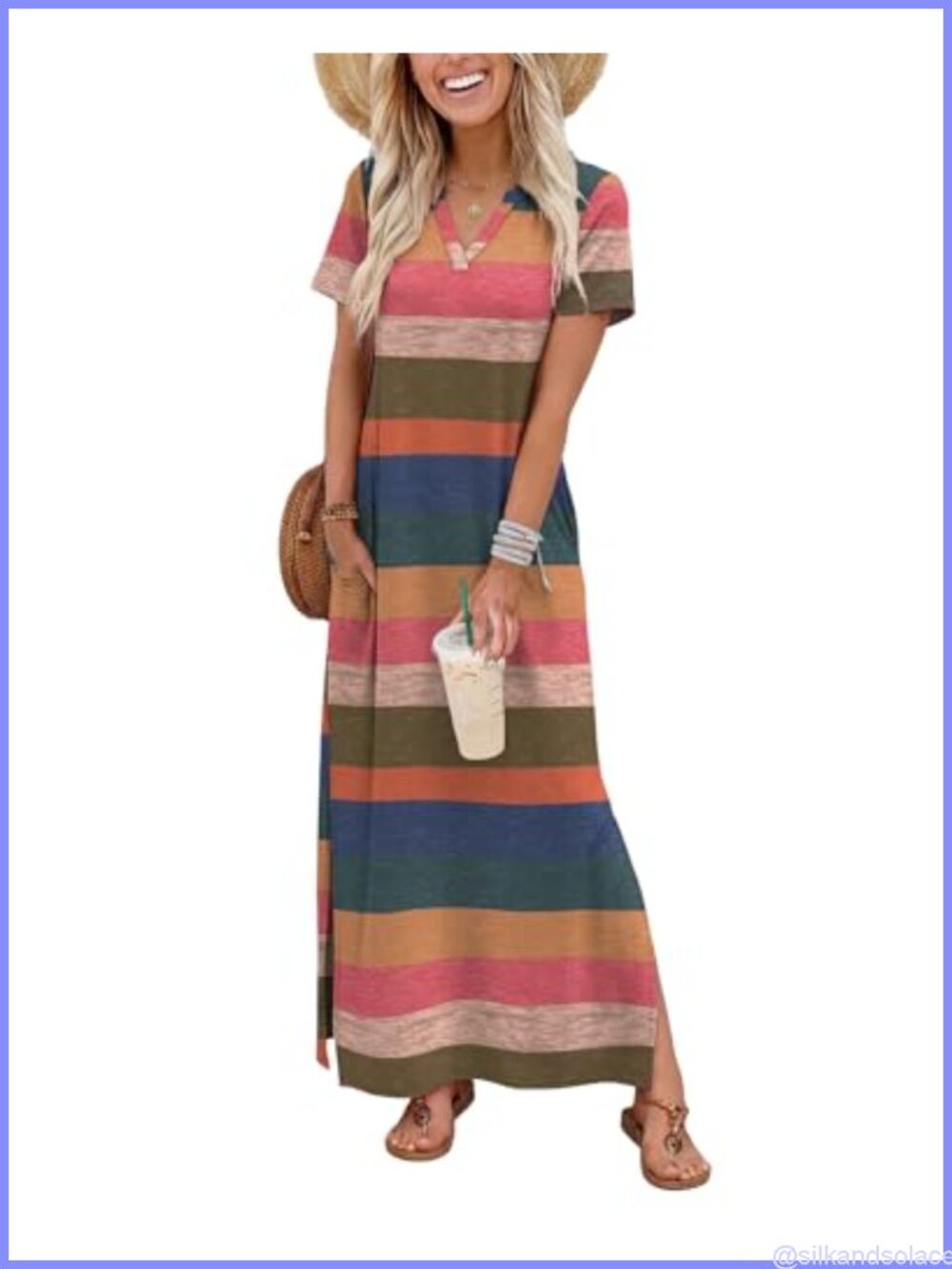 Women's Maxi Dress V-Neck Short Sleeve with Pockets Side Slit Sundress